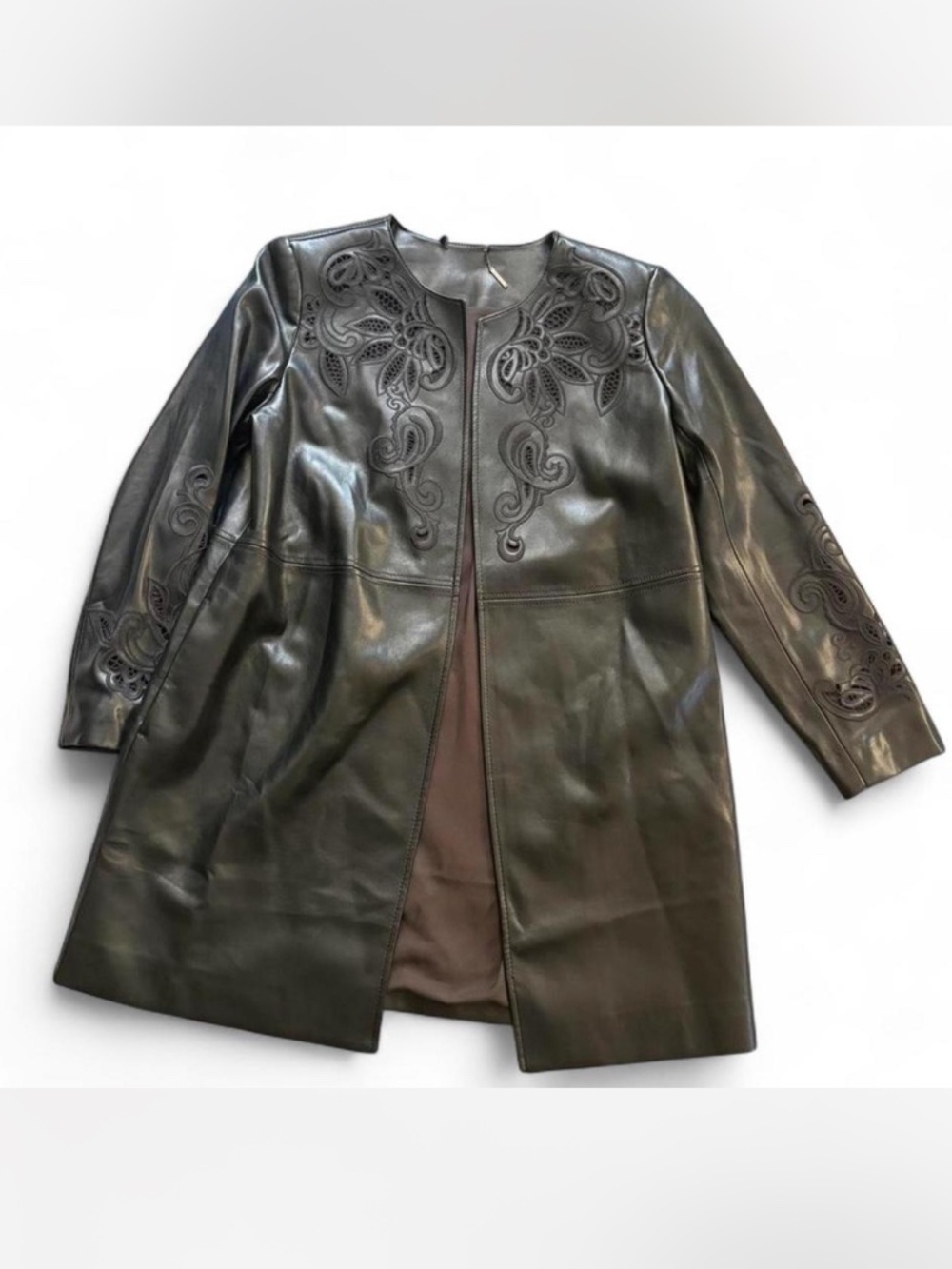 Chico's Boho Chic Laser Cut Paisley Faux Leather Longline Jacket SZ 12